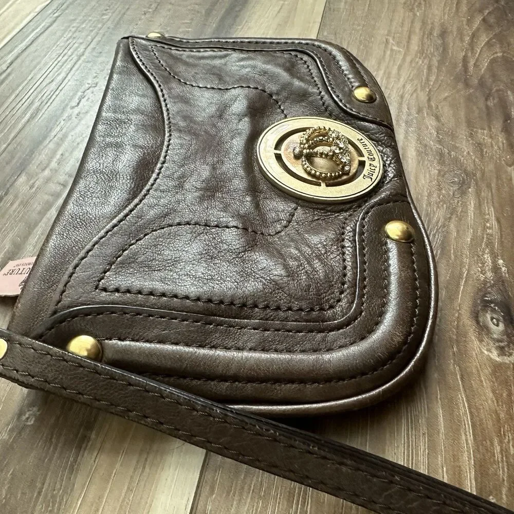 Vintage Juicy Couture Brown Leather Wristlet Crown Rhinestone Medallion Y2K Bag